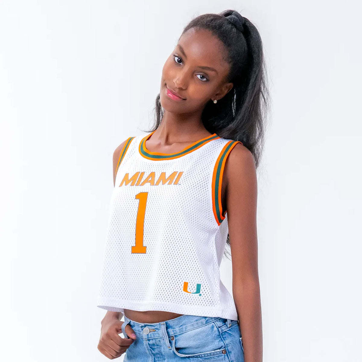 ESTABLISHED &amp; CO. Miami Hurricanes Women&#39;s White Mesh Basketball Jersey - Alternate Model View