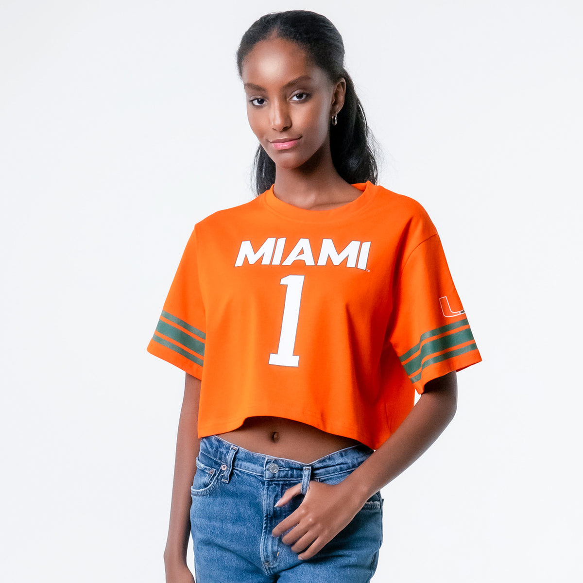 ESTABLISHED &amp; CO. Miami Hurricanes Women&#39;s Orange Cropped #1 T-Shirt