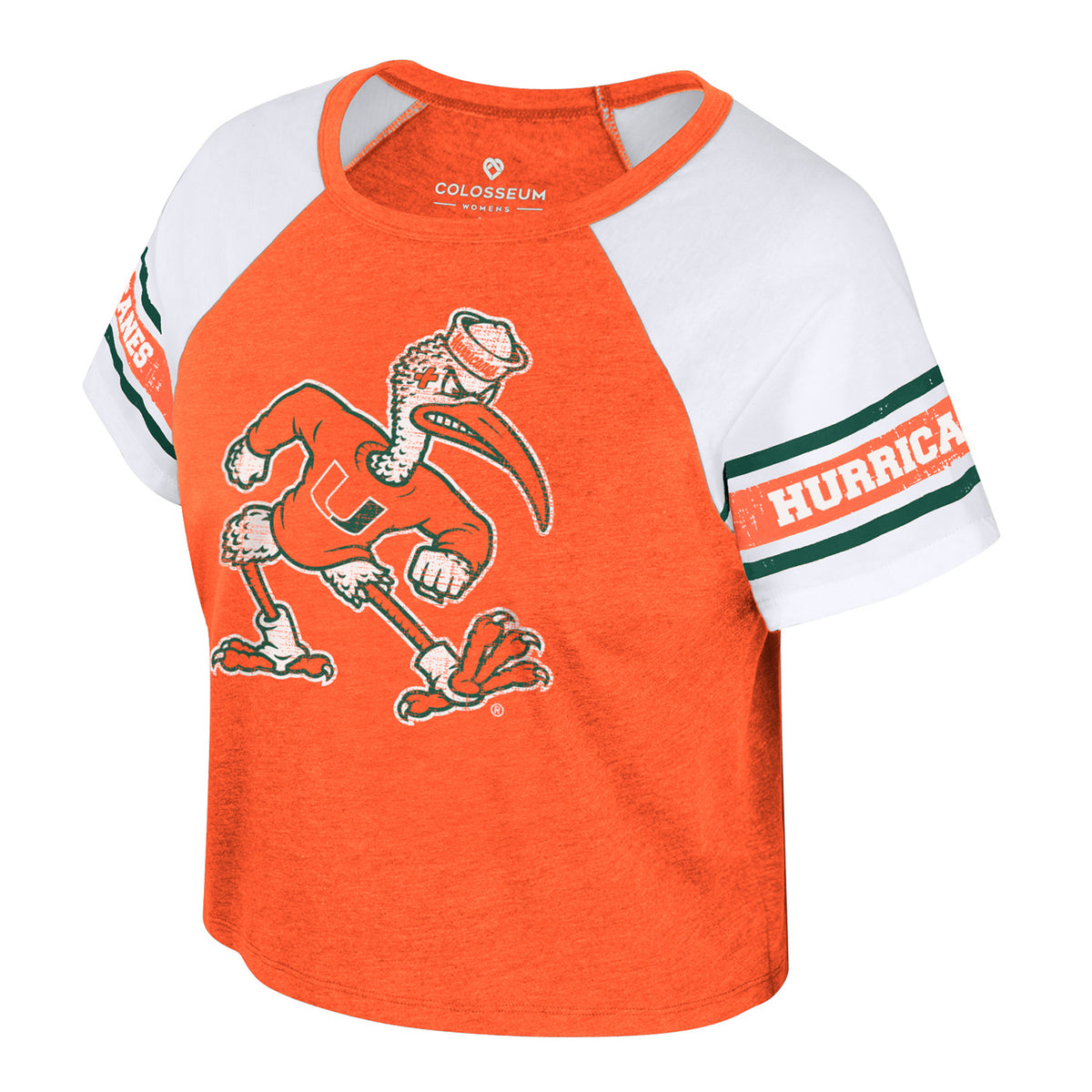 Colosseum Miami Hurricanes Women&#39;s Green Cropped Distressed Sebastian T-Shirt