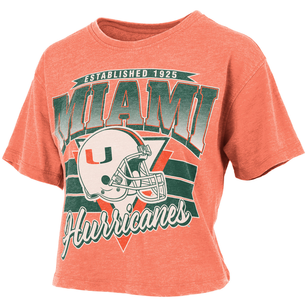 Pressbox Miami Hurricanes Women&#39;s Orange Vintage Wash Football Helmet Cropped T-Shirt