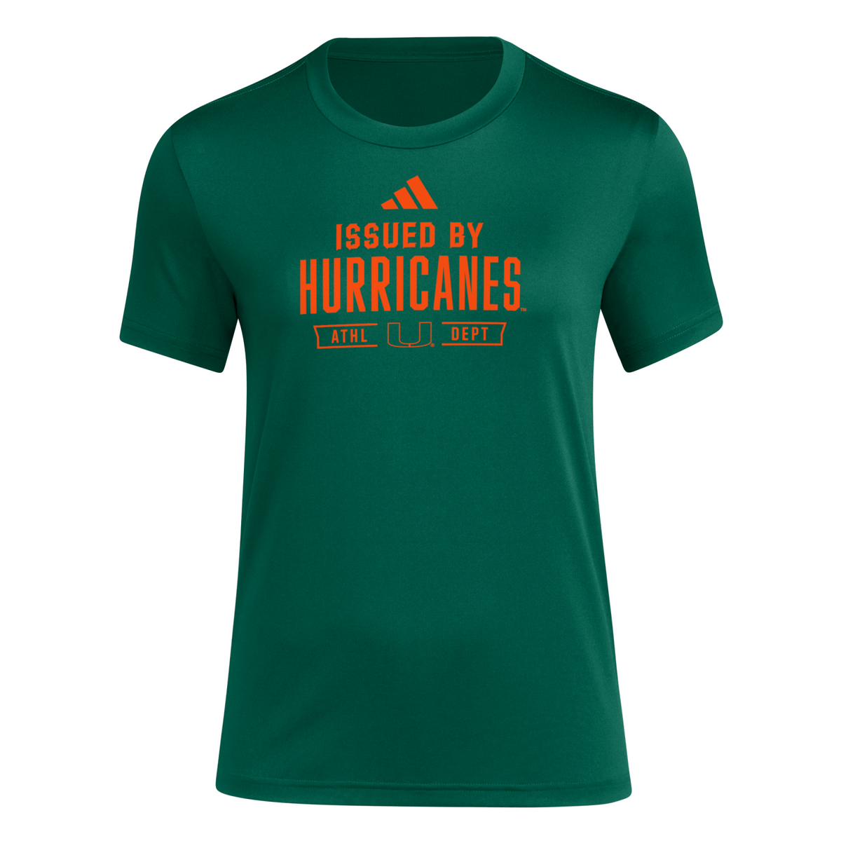 adidas Miami Hurricanes Women&#39;s Green &#39;Issued by Hurricanes&#39; Pregame Performance T-Shirt