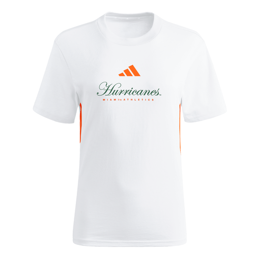 adidas Miami Hurricanes Women's White Hurricanes Athletics Script T-Shirt