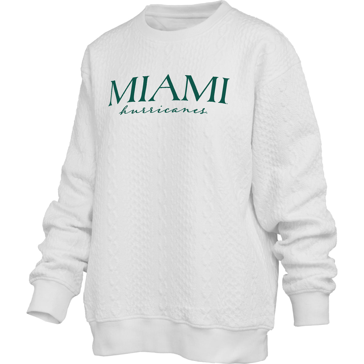 Pressbox Miami Hurricanes Women's White Cable Knit Crewneck Sweatshirt