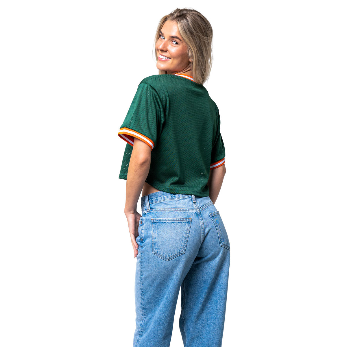 ESTABLISHED &amp; CO. Miami Hurricanes Women&#39;s Green Cropped Mesh Canes Baseball Jersey