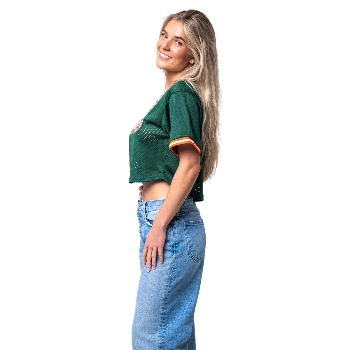 ESTABLISHED &amp; CO. Miami Hurricanes Women&#39;s Green Cropped Mesh Canes Baseball Jersey