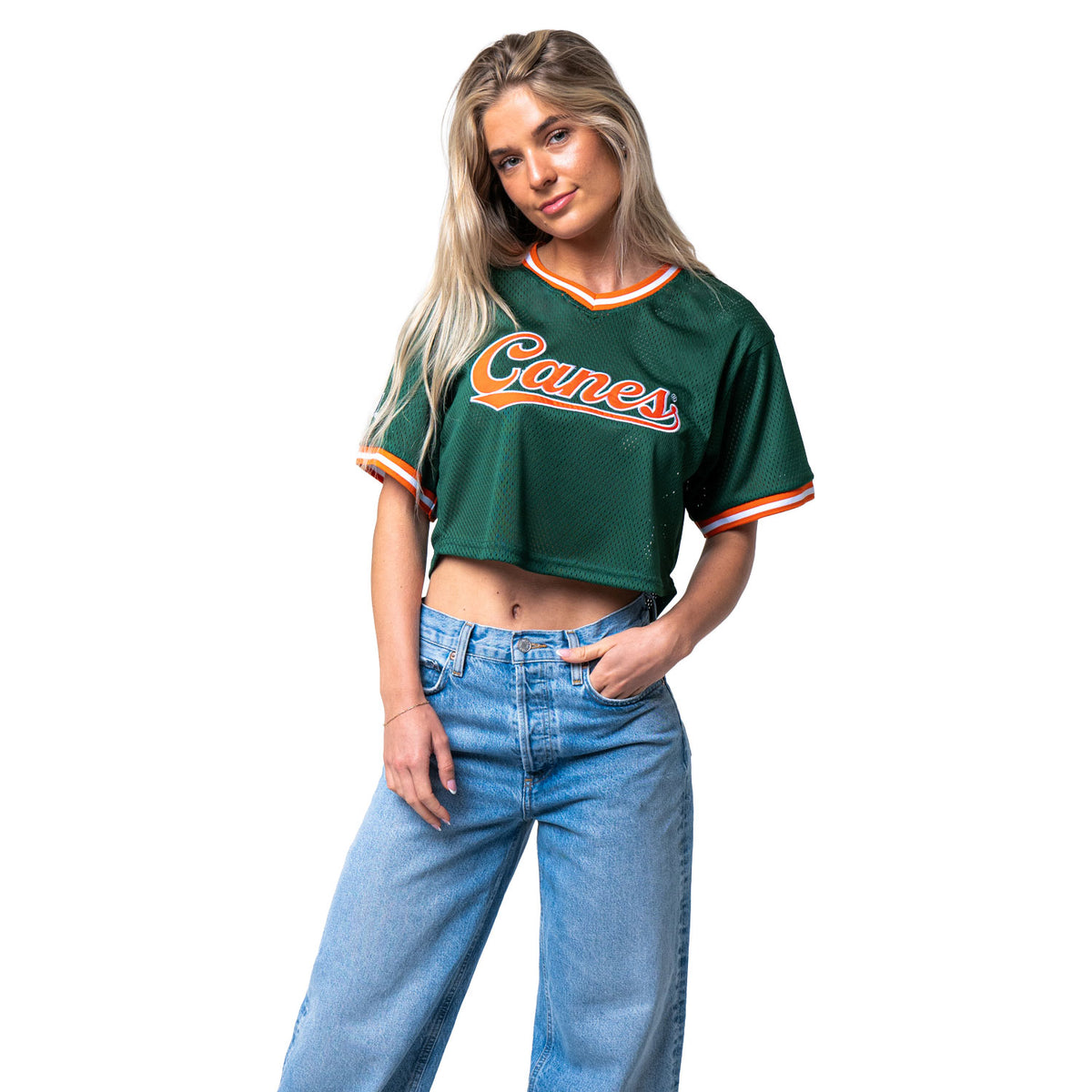 ESTABLISHED &amp; CO. Miami Hurricanes Women&#39;s Green Cropped Mesh Canes Baseball Jersey