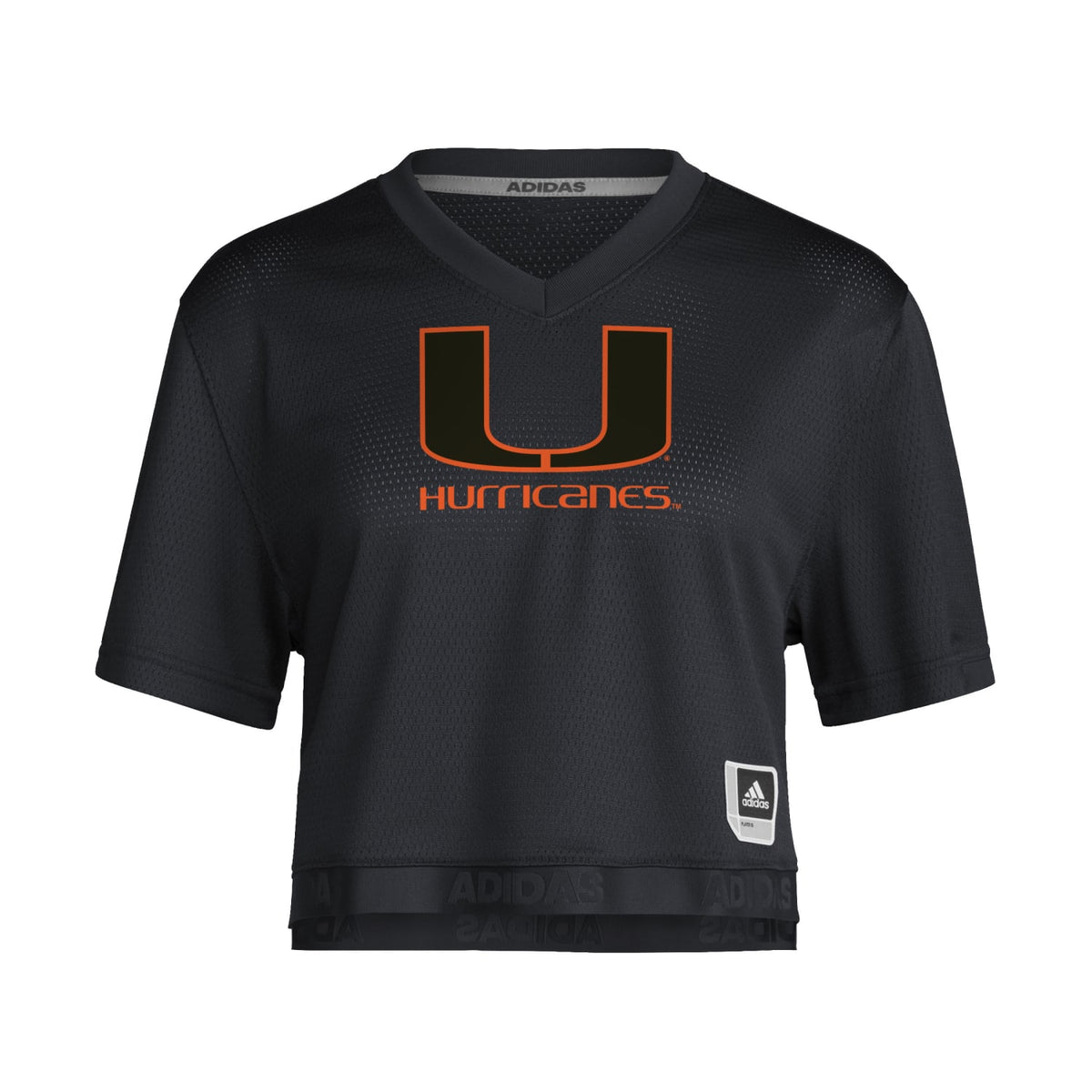 adidas Miami Hurricanes Women&#39;s Black Strategy Cropped Jersey - Front View