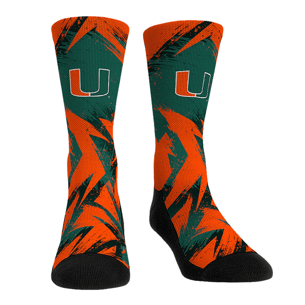 Rock &#39;Em Socks Miami Hurricanes Adult Orange &amp; Green U Logo Game Paint Crew Socks