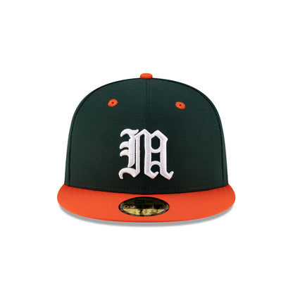 New Era Miami Hurricanes Green and Orange Old English "M" On-Field 59FIFTY Fitted Hat