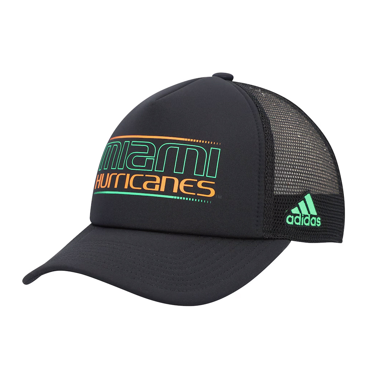 Adidas Miami Hurricanes Black &#39;Miami Nights&#39; Trucker Hat - Angled Left View