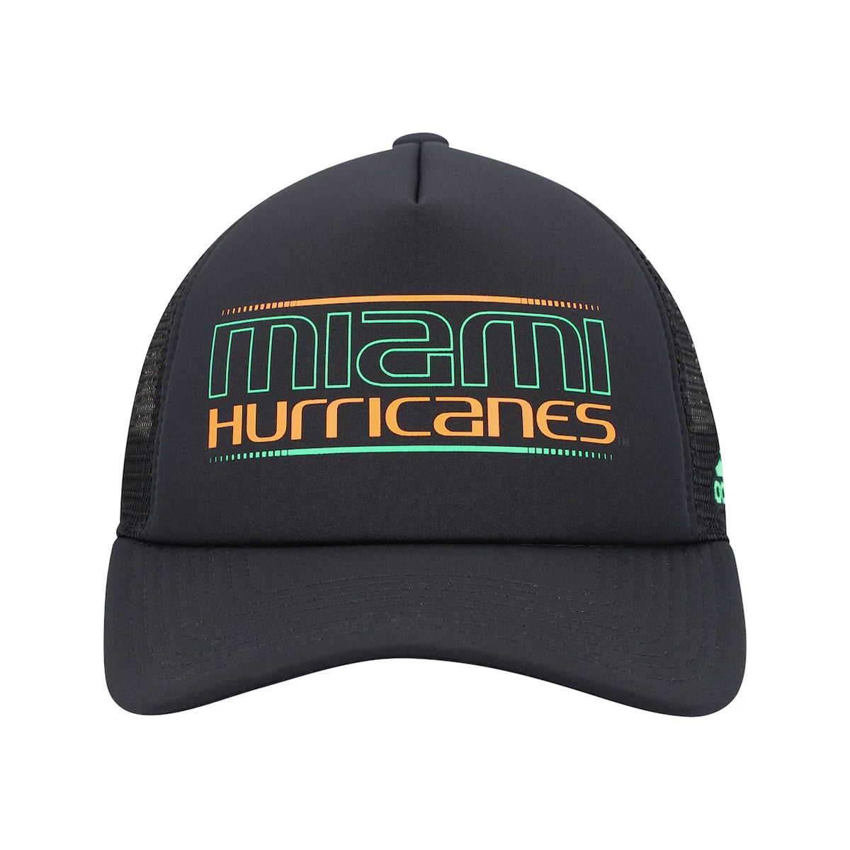 Adidas Miami Hurricanes Black &#39;Miami Nights&#39; Trucker Hat - Front View