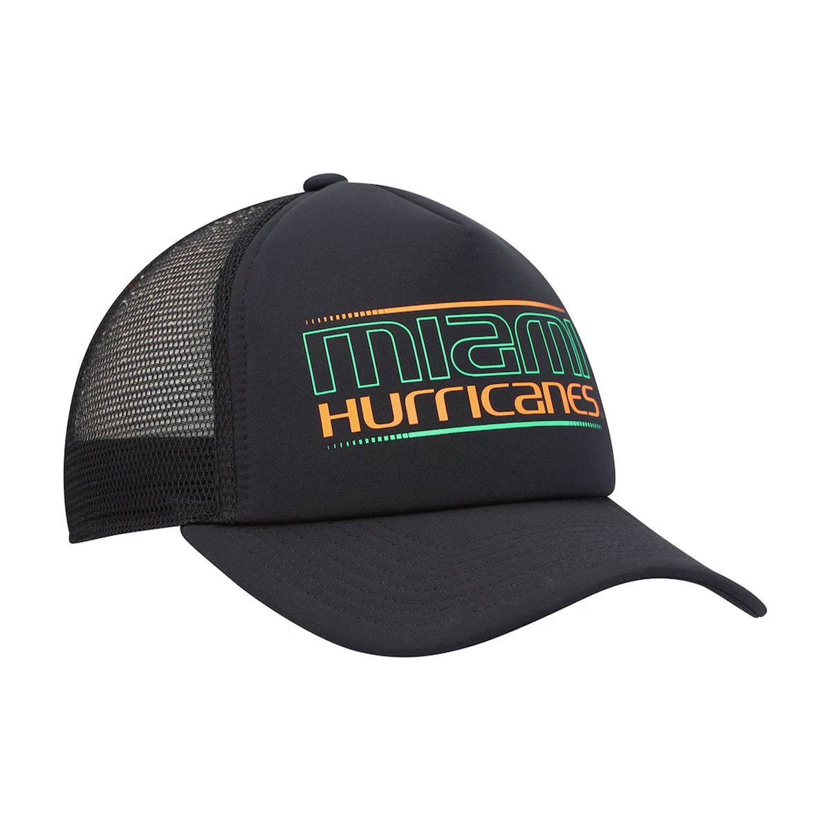 Adidas Miami Hurricanes Black &#39;Miami Nights&#39; Trucker Hat - Angled Right View