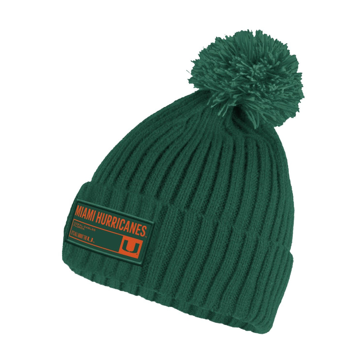 adidas Miami Hurricanes Green Patch Ribbed Cuffed Pom Beanie