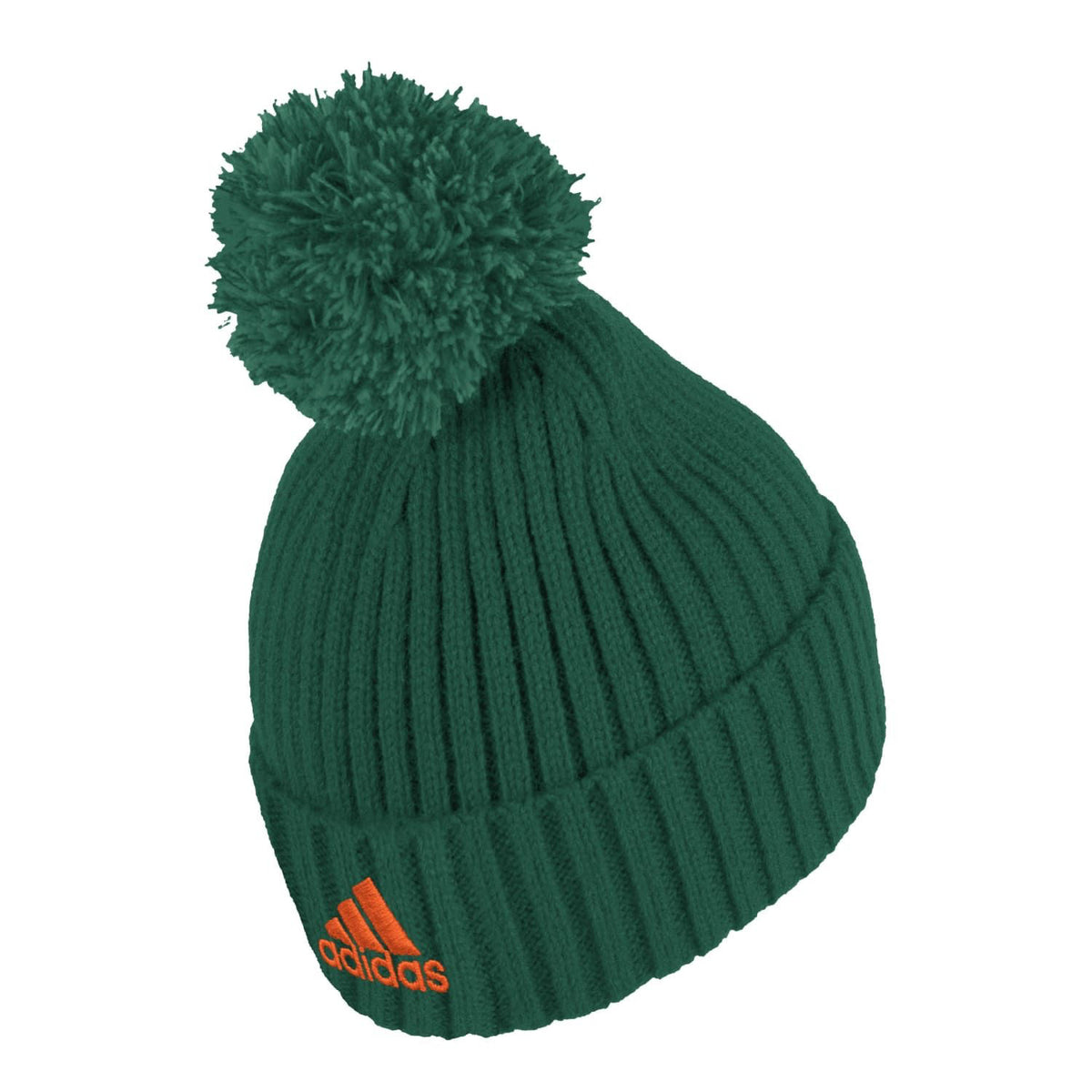 adidas Miami Hurricanes Green Patch Ribbed Cuffed Pom Beanie