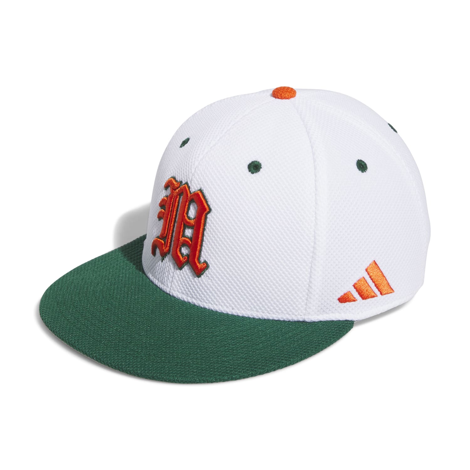 adidas Miami Hurricanes White Old English M Fitted Baseball Hat - Left Angled View