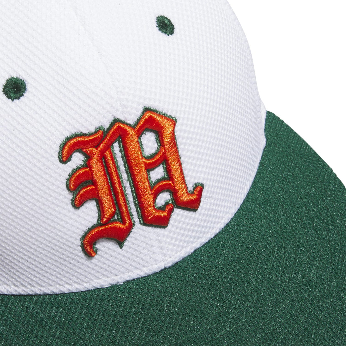 adidas Miami Hurricanes White Old English M Fitted Baseball Hat - Detail View