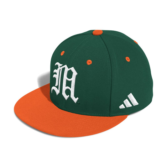 adidas Miami Hurricanes Green & Orange Old English "M" Fitted Baseball Hat