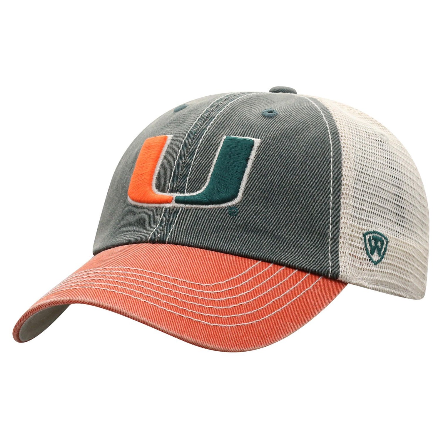 Top of the World Miami Hurricanes TriColor Vintage U Logo Trucker Hat - Left Angled View