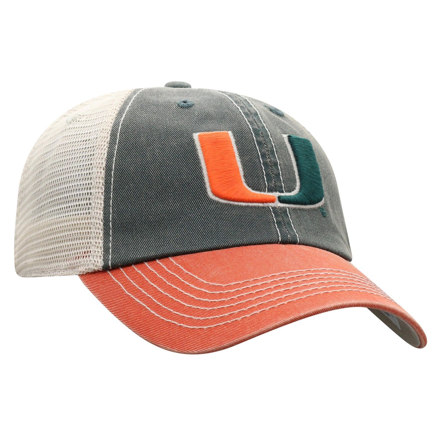 Top of the World Miami Hurricanes TriColor Vintage U Logo Trucker Hat - Left Angled View