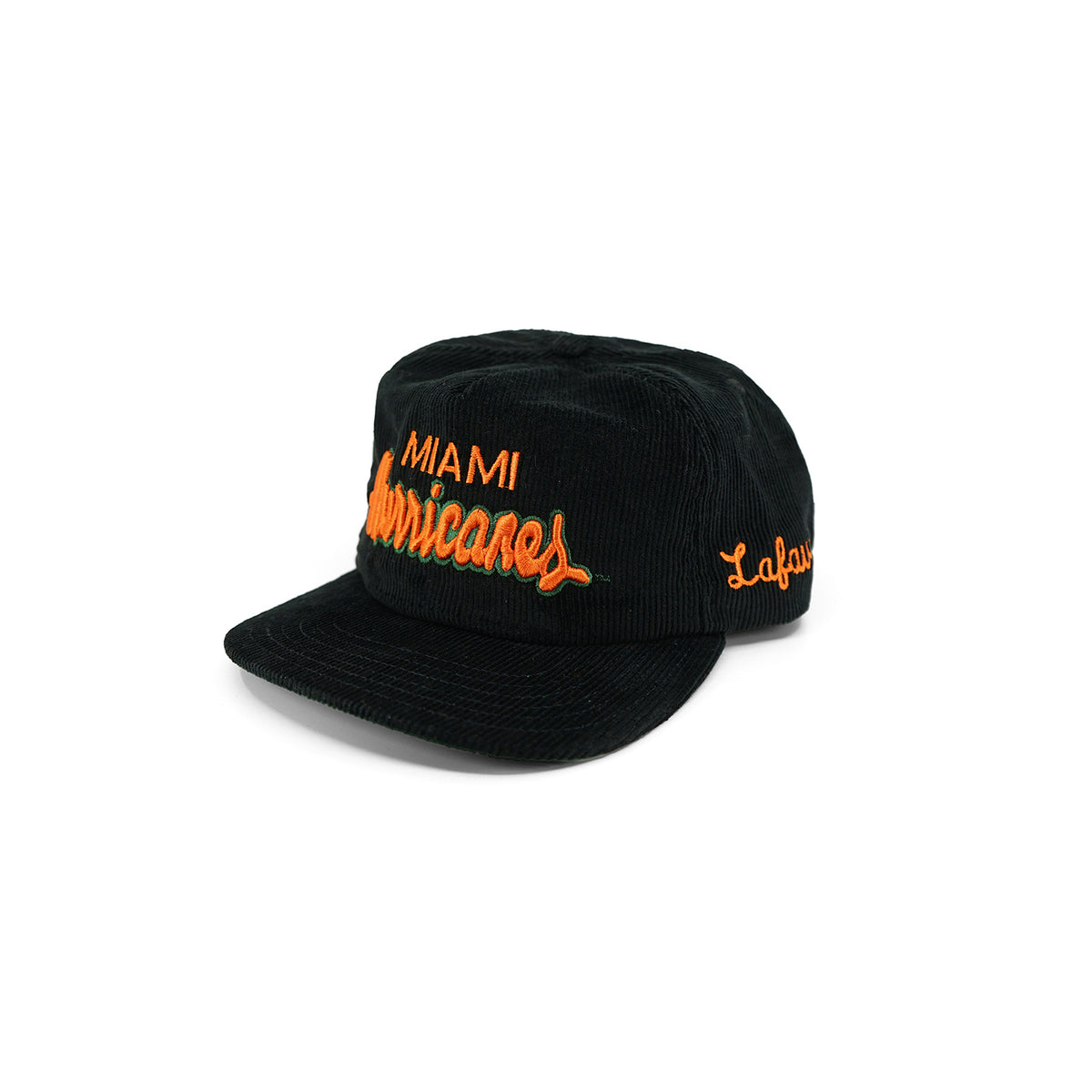 LAFAVRE Miami Hurricanes  Black Corduroy Adjustable Hat - Left Angled View