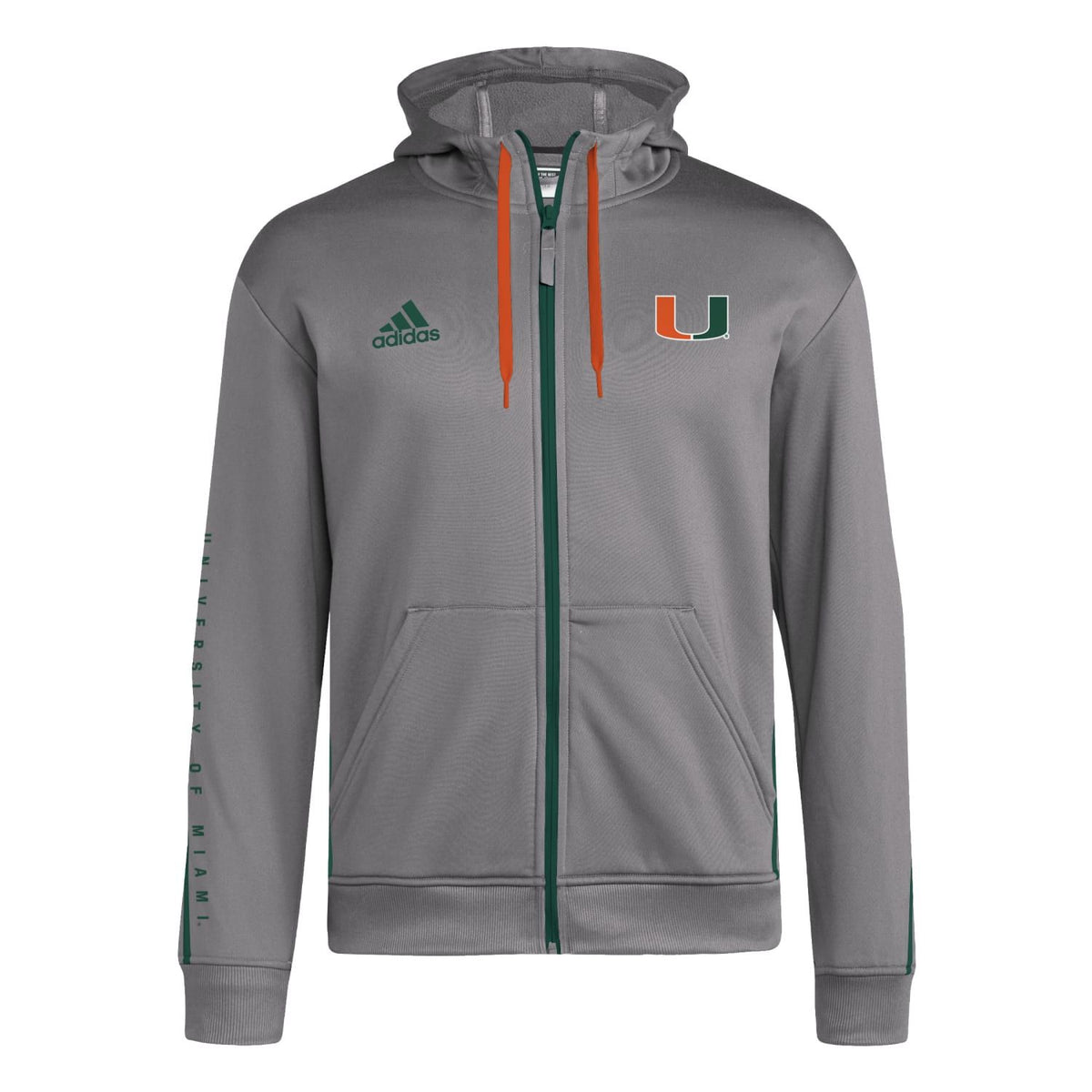 adidas Miami Hurricanes Grey U Logo Full-Zip Hoodie - Front View