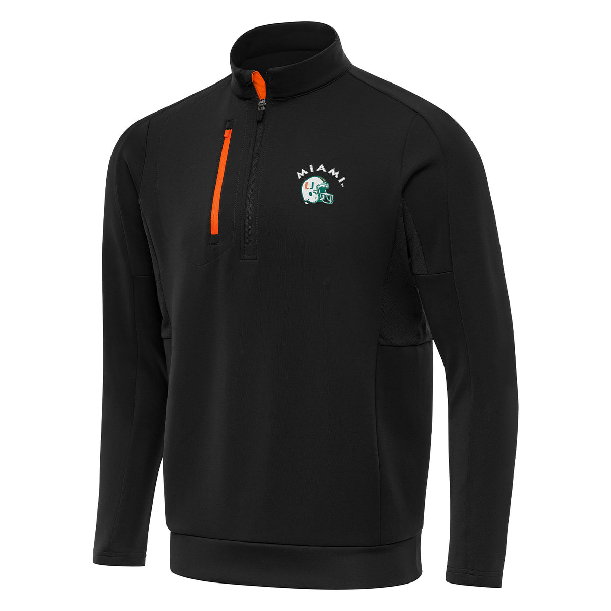 Antigua Miami Hurricanes Black U Logo Helmet 1/4 Zip Jacket