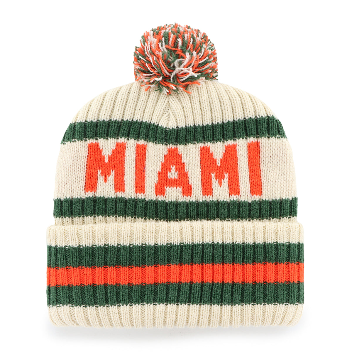 47 Brand Miami Hurricanes Beige Pom Knit Striped Beanie
