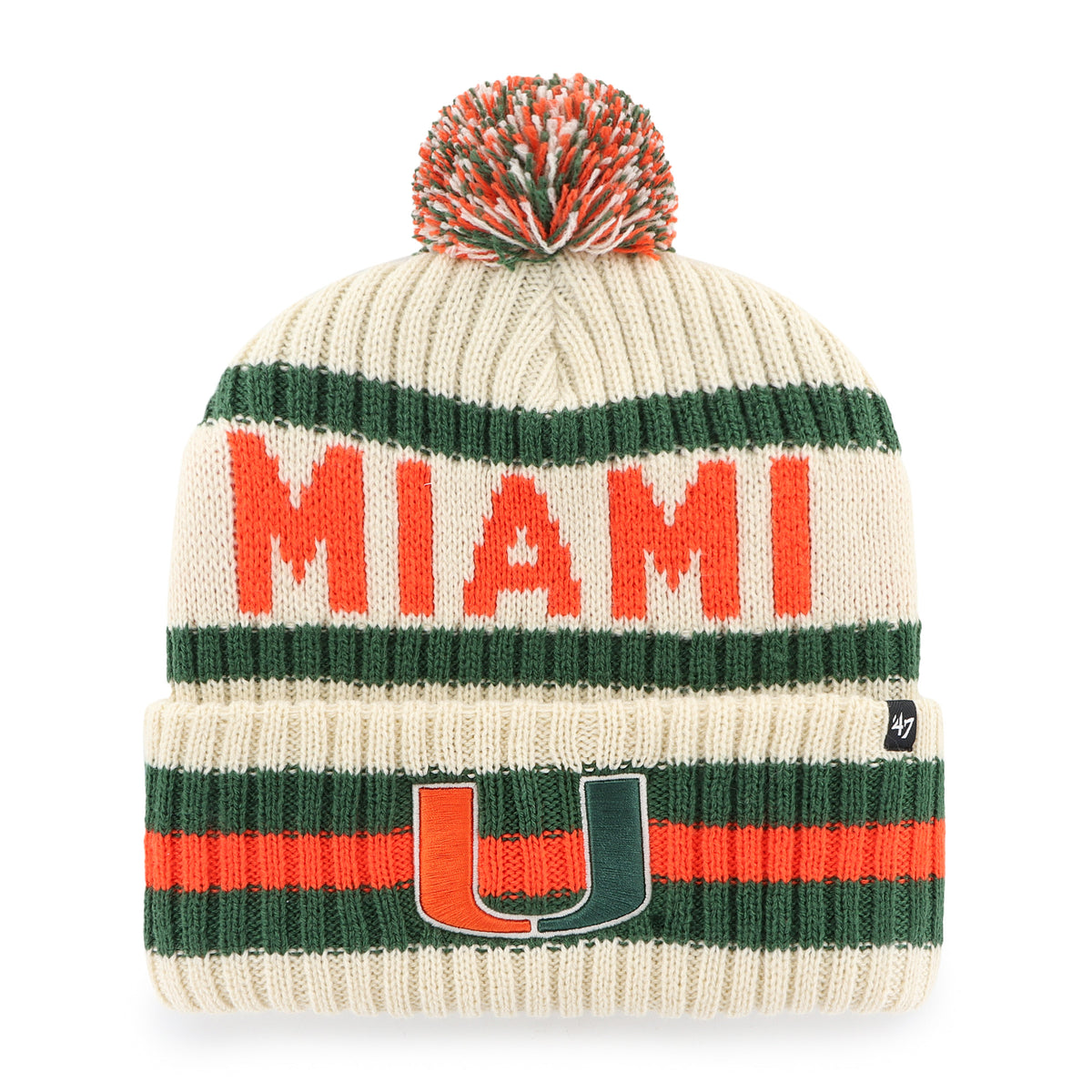 47 Brand Miami Hurricanes Beige Pom Knit Striped Beanie