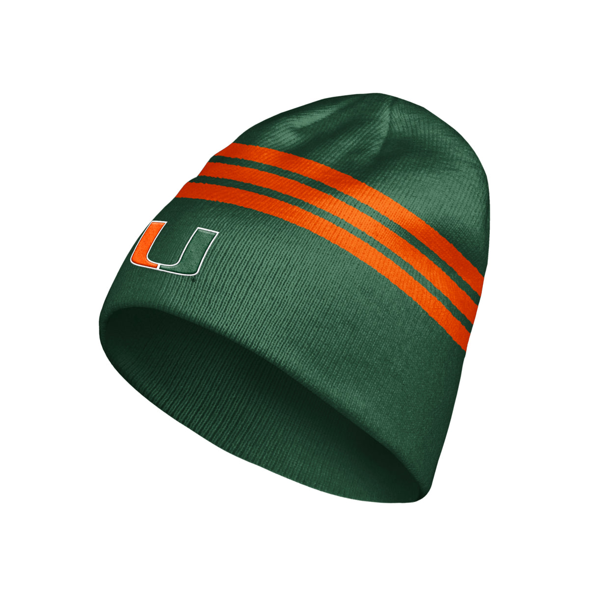 adidas Miami Hurricanes Green Striped U Knit Beanie - Front View