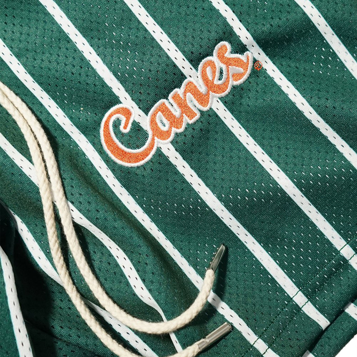 LAFAVRE Miami Hurricanes Green Pinstripe Canes Mesh Shorts - Patch View