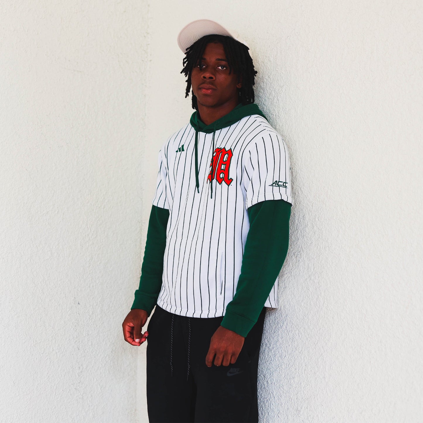 adidas Miami Hurricanes White Pinstripe Hooded Sweatshirt with Green Sleeves