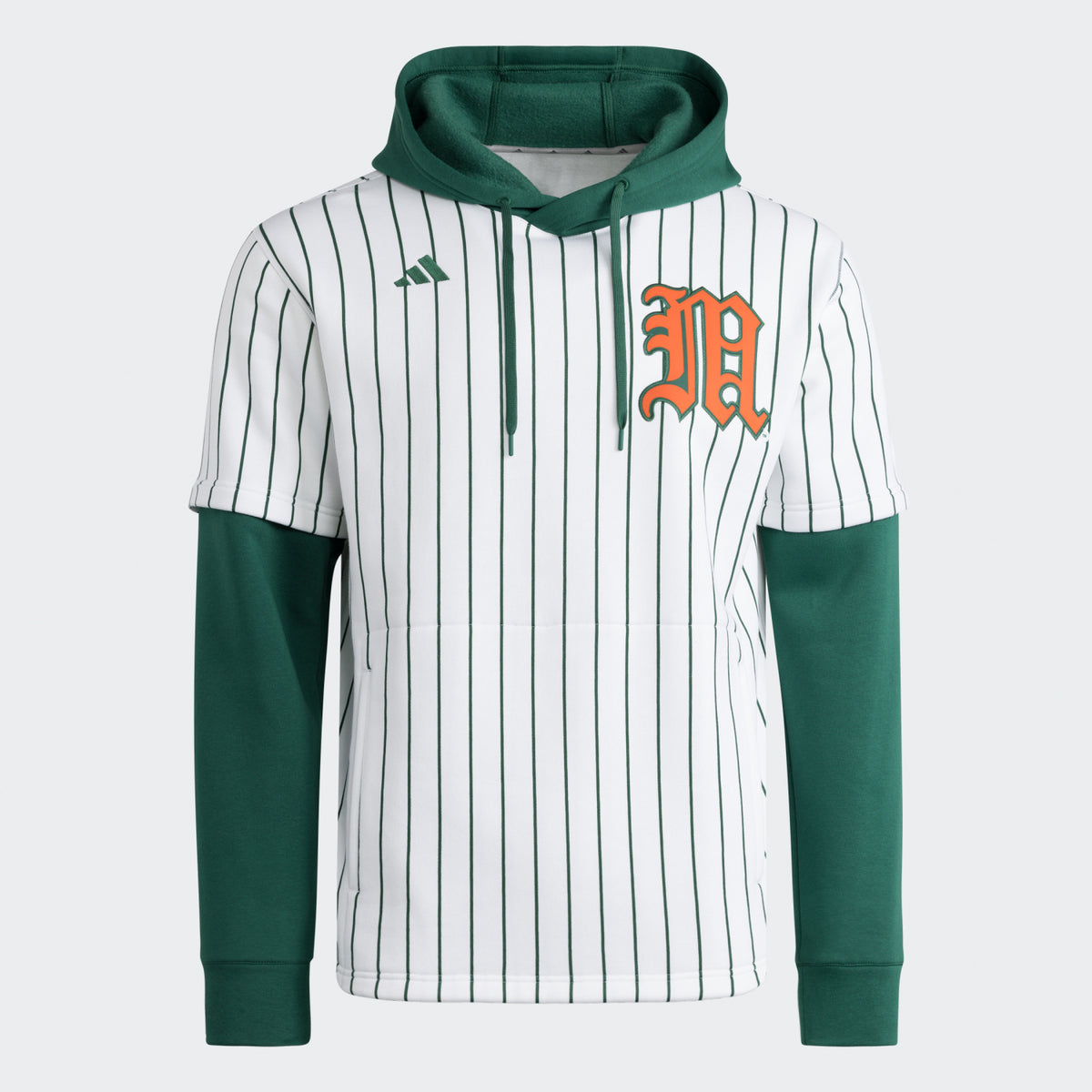 adidas Miami Hurricanes White Pinstripe Hooded Sweatshirt with Green Sleeves