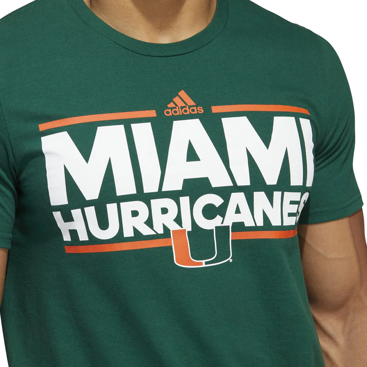 Adidas Miami Hurricanes Dark Green Fresh T-Shirt - Up Close Front View