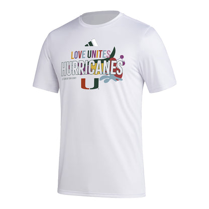 adidas Miami Hurricanes 'Love Unites' Pregame White T-Shirt