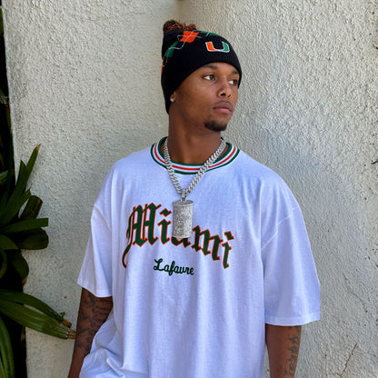Lafavre Miami Hurricanes White  5-Stripe Knitted Collar Heavyweight T-Shirt