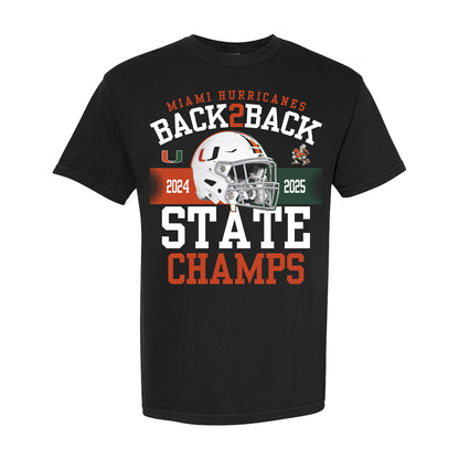 Miami Hurricanes Black Back 2 Back State Champs T-Shirt