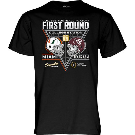 Blue 84 Miami Hurricanes Black 2025-26 College Football Dueling Helmets Short Sleeve T-Shirt