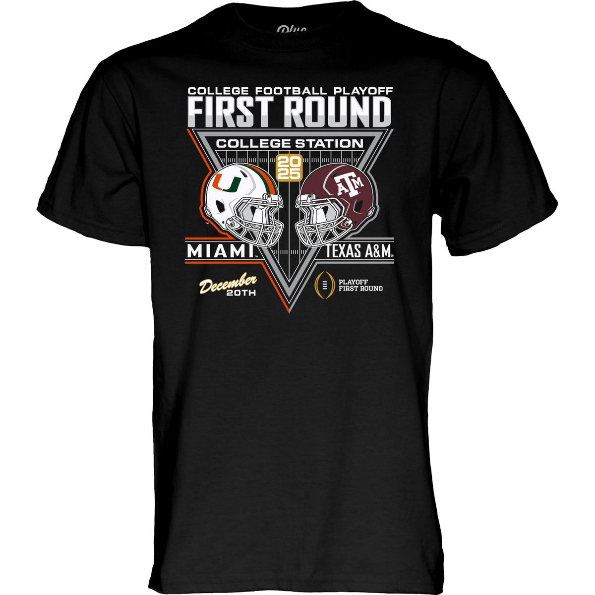 Blue 84 Miami Hurricanes Black 2025-26 College Football Dueling Helmets Short Sleeve T-Shirt