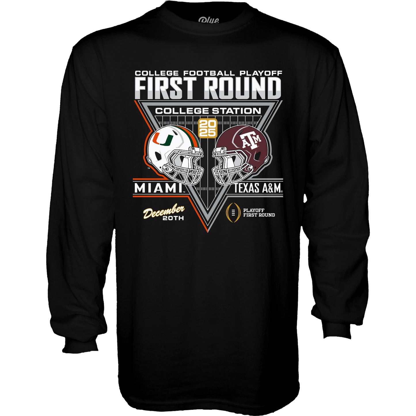 Blue 84 Miami Hurricanes Black 2025-26 College Football Dueling Helmets Long Sleeve T-Shirt