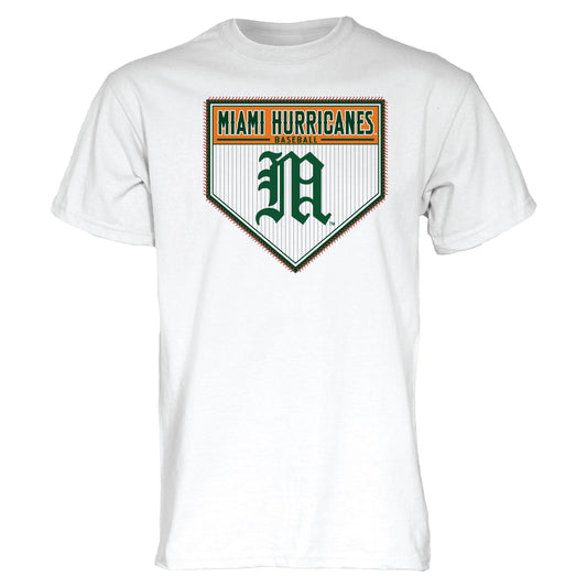 Blue 84 Miami Hurricanes Youth White Old English "M" Baseball Home Plate T-Shirt