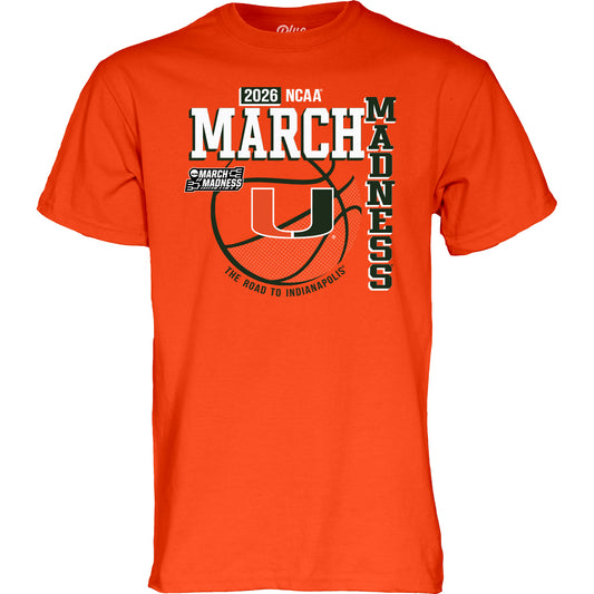 Blue 84 Miami Hurricanes Orange 2026 Men's Basketball March Madness Road to Indianapolis T-Shirt