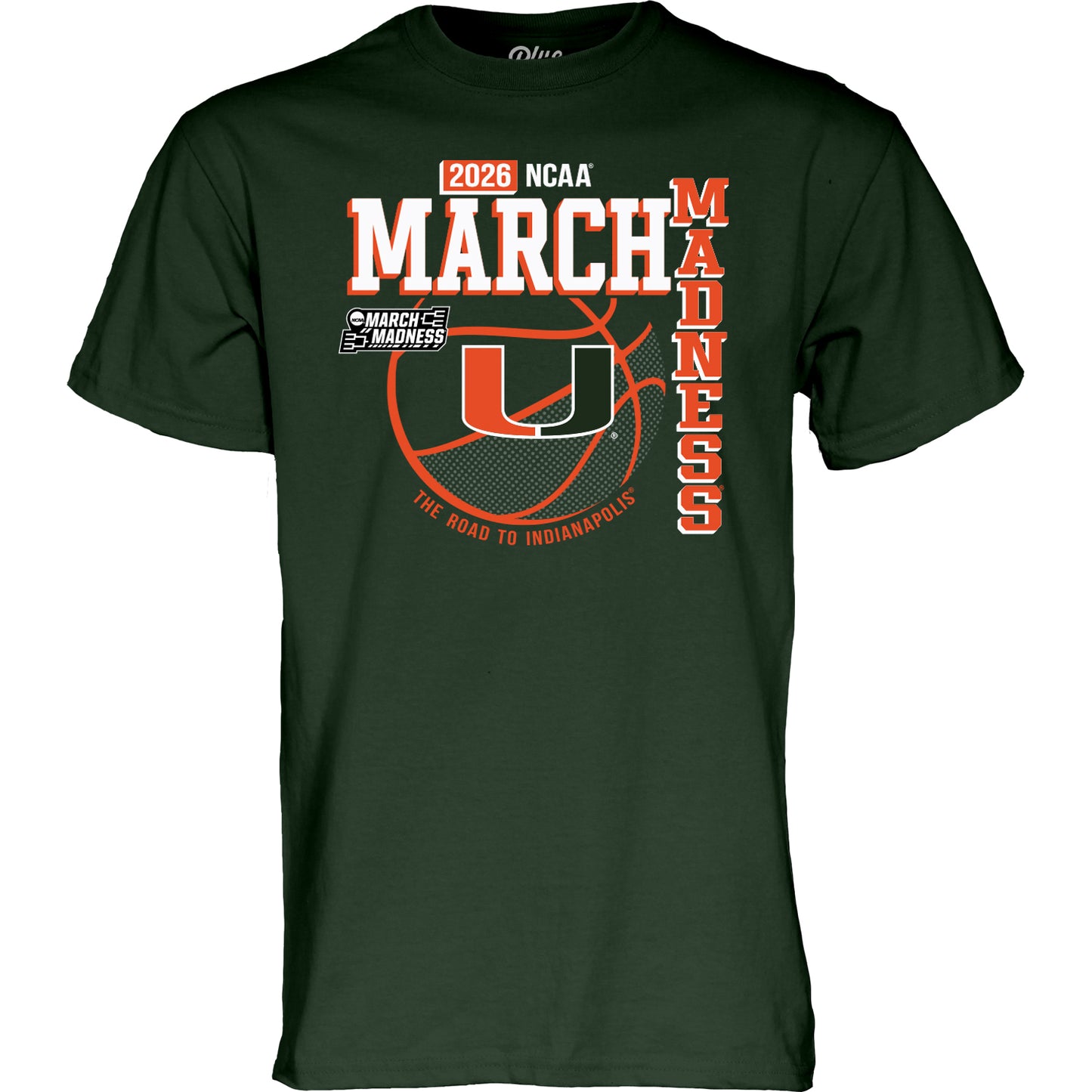Blue 84 Miami Hurricanes Green 2026 Men's Basketball March Madness Road to Indianapolis T-Shirt