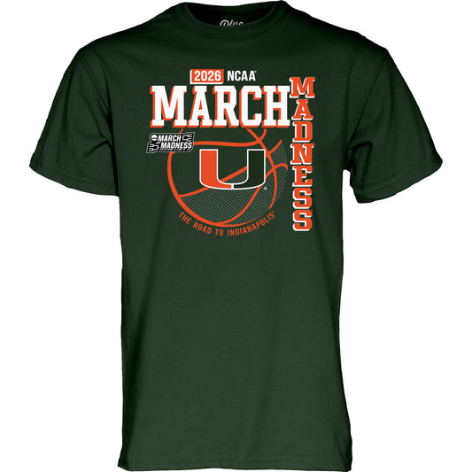 Blue 84 Miami Hurricanes Green 2026 Men's Basketball March Madness Road to Indianapolis T-Shirt