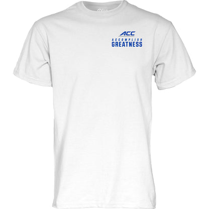 Blue 84 Miami Hurricanes White ACC Accomplish Greatness Conference Mascots T-Shirt