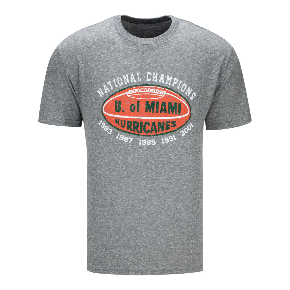 Blue 84 Miami Hurricanes Grey 5-Time Champ Football T-Shirt