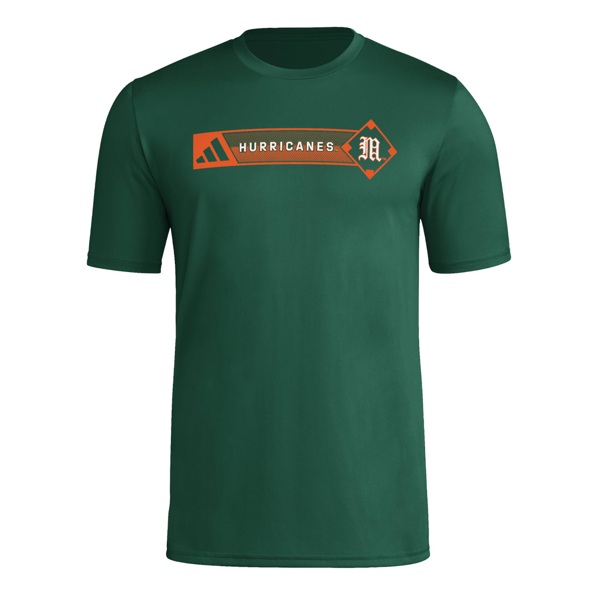 adidas Miami Hurricanes Green AEROREADY Hurricanes Baseball Old English M T-Shirt - Front View