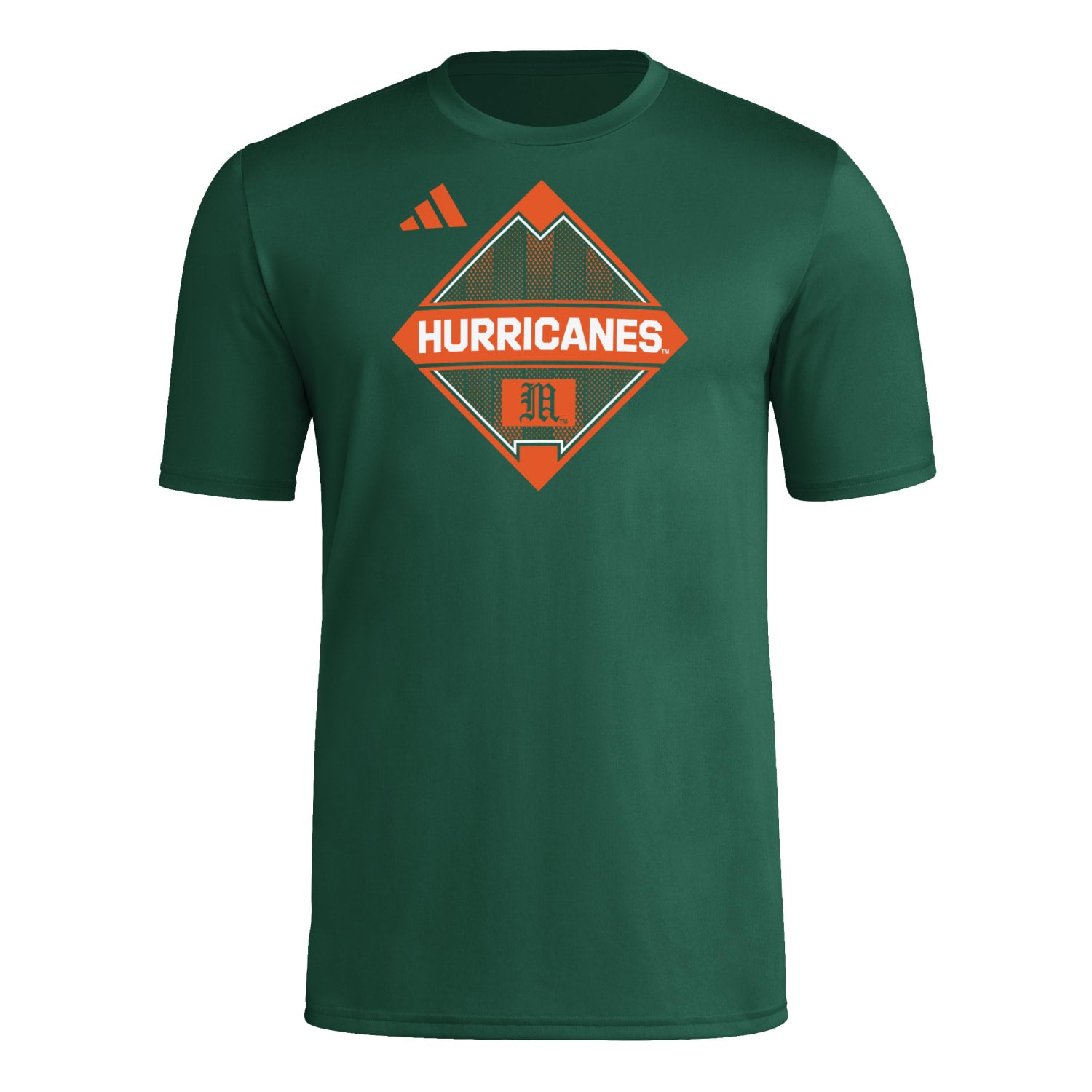 adidas Miami Hurricanes Green AEROREADY Hurricanes Baseball Diamond T-Shirt - Front View