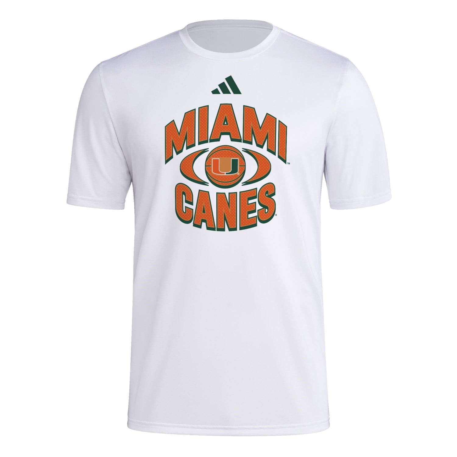 adidas Miami Hurricanes White AREOREADY Miami Canes Basketball Pregame Short Sleeve T-Shirt - Front View