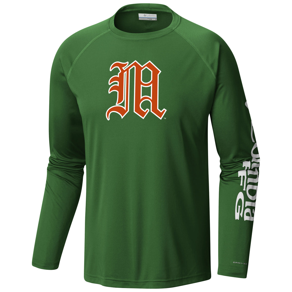 Columbia Miami Hurricanes Baseball Terminal Tackle-Fish Flag Long Sleeve Green T-Shirt