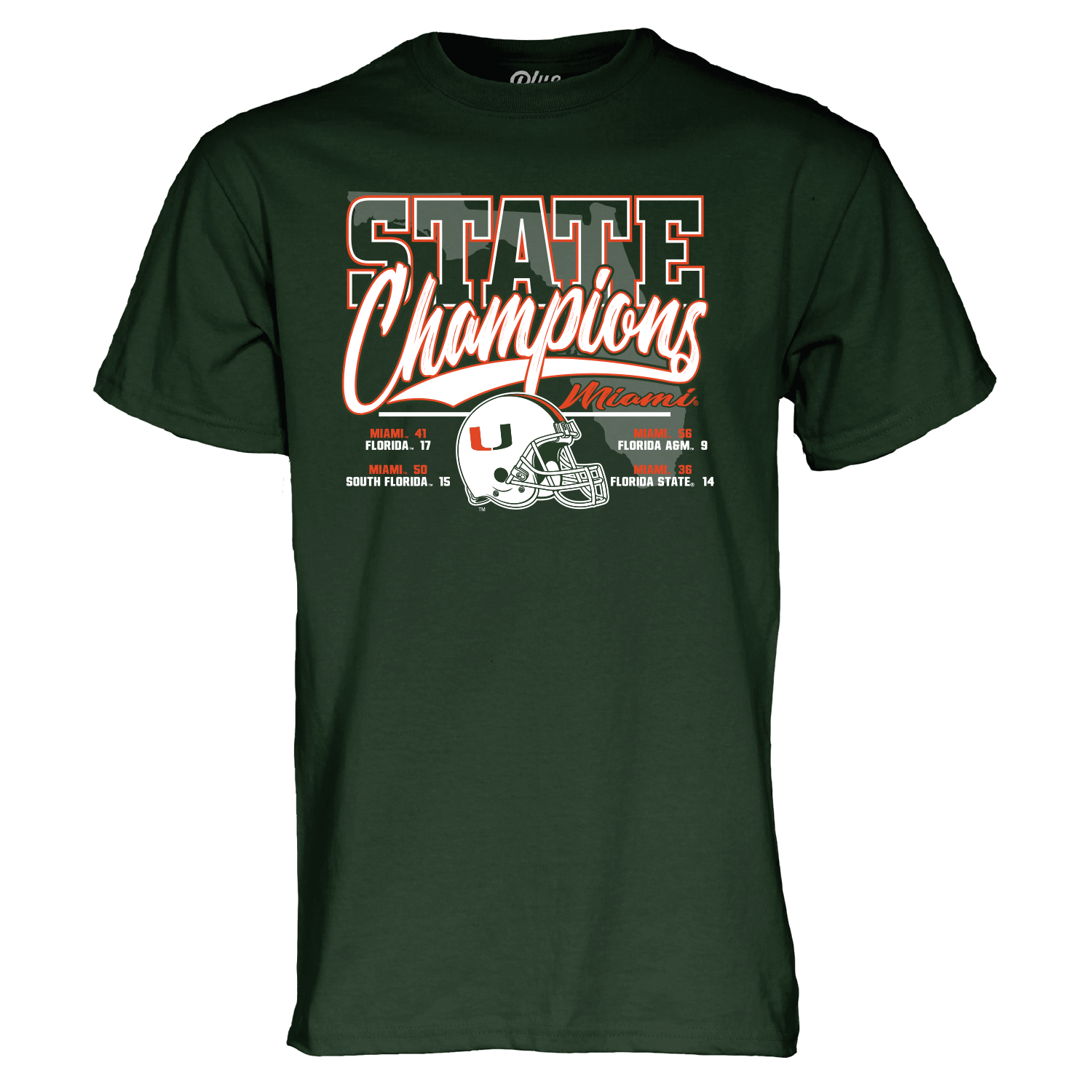 Unisex Blue 84 Green Miami Hurricanes 2024 State Champions Score T Shirt Size Small